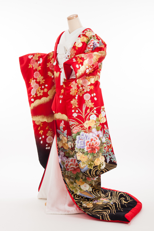 花嫁 正絹 色打掛レンタル 010049 赤 裾黒 桜 相良刺繍