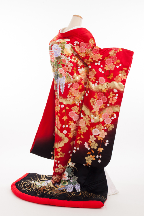 花嫁 正絹 色打掛レンタル 010049 赤 裾黒 桜 相良刺繍