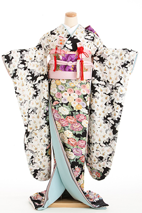 黒引き振袖 友禅 くすみピンクぼかし 花柄 花嫁衣裳 黒引き振袖 友禅 くすみピンクぼかし 花柄 花嫁衣裳