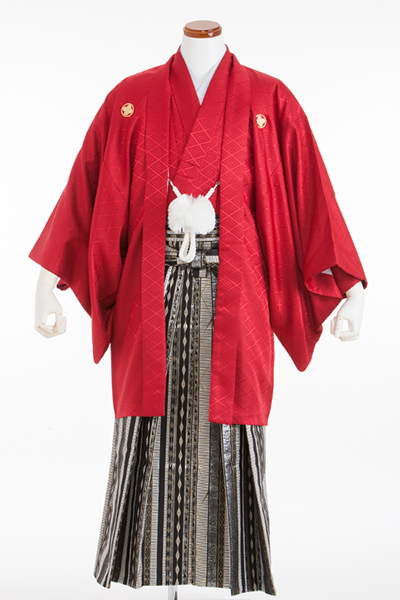 成人式用 紋付・袴 レンタル 070059 赤 さや型 シルバー・ゴールド袴