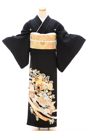 正絹黒留袖　総刺繍　尾長鳥菊文　金銀糸　⑦(訪問着、紬、袋帯なども出品) 正絹 留袖 レンタル 5紋 120089 手描友禅 桐に桂帯