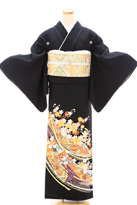 梅乃【123】正絹　黒留袖　フルセット　屏風絵　四季花　花器　金　作家 正絹 留袖 レンタル 5紋 120090 桜に熨斗 紫ぼかし