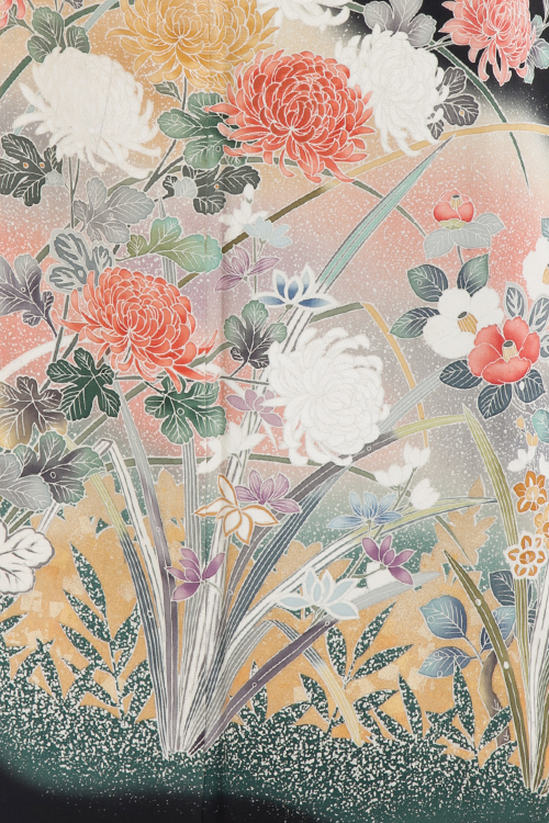 C19 正絹 花模様 椿 つくし 落款 留袖 着物 長尺作家物□彩り爛漫の花模様訪問着□枯色◇落款有◇袷正絹着物