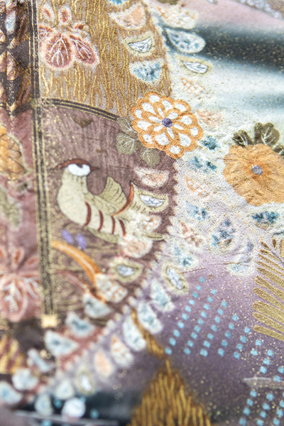 正絹 留袖 レンタル 五つ紋 128024 茶系・金の刺繍の鶴・辻ヶ花