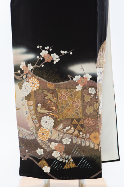 正絹 留袖 レンタル 五つ紋 128024 茶系・金の刺繍の鶴・辻ヶ花