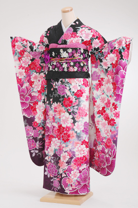 成人式 振袖 レンタル 140153-S 黒地 紫桜コスモス