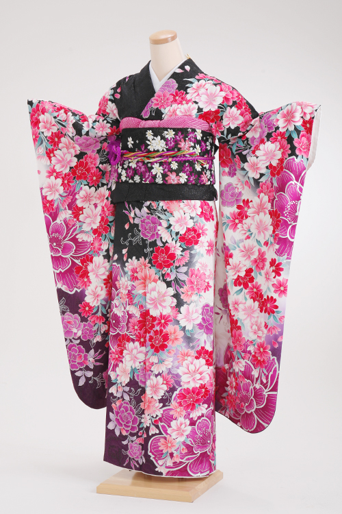 成人式 振袖 レンタル 140153-S 黒地 紫桜コスモス