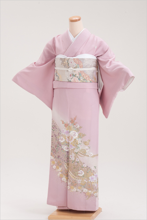 正絹 色留袖 レンタル 5紋 160012 ピンク 箔 薔薇柄