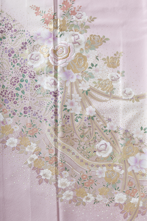 正絹 色留袖 レンタル 五つ紋 160012 ピンク 箔 薔薇柄