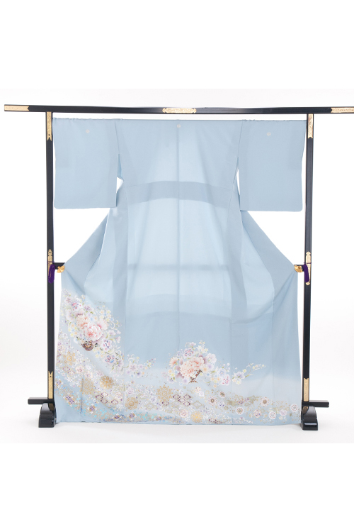 正絹 色留袖 レンタル 五つ紋 160015 水色 箔 花車