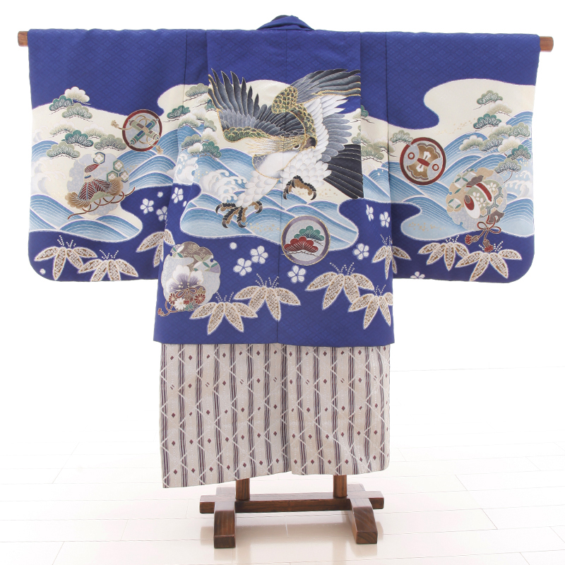 七五三 着物 レンタル 五歳 5歳 紋付・袴 310032 ブルー 鷹に波 ベージュ袴