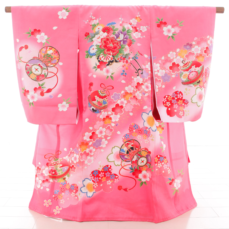 お宮参り・掛け着物 女児・産着 320079 正絹 ピンク 花車 鼓