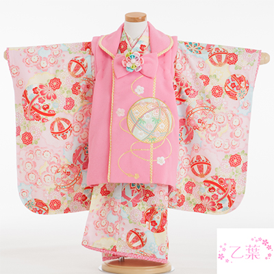 七五三 着物 レンタル 三歳 3歳 被布セット 320147 乙葉 水色鞠 ピンク