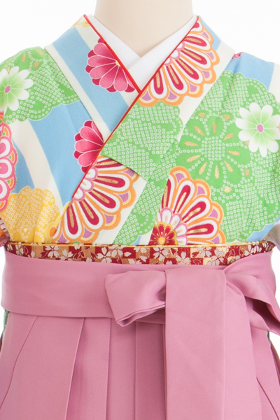 卒業式用 小学生・袴セット レンタル 320161-H 水色ストライプ 花